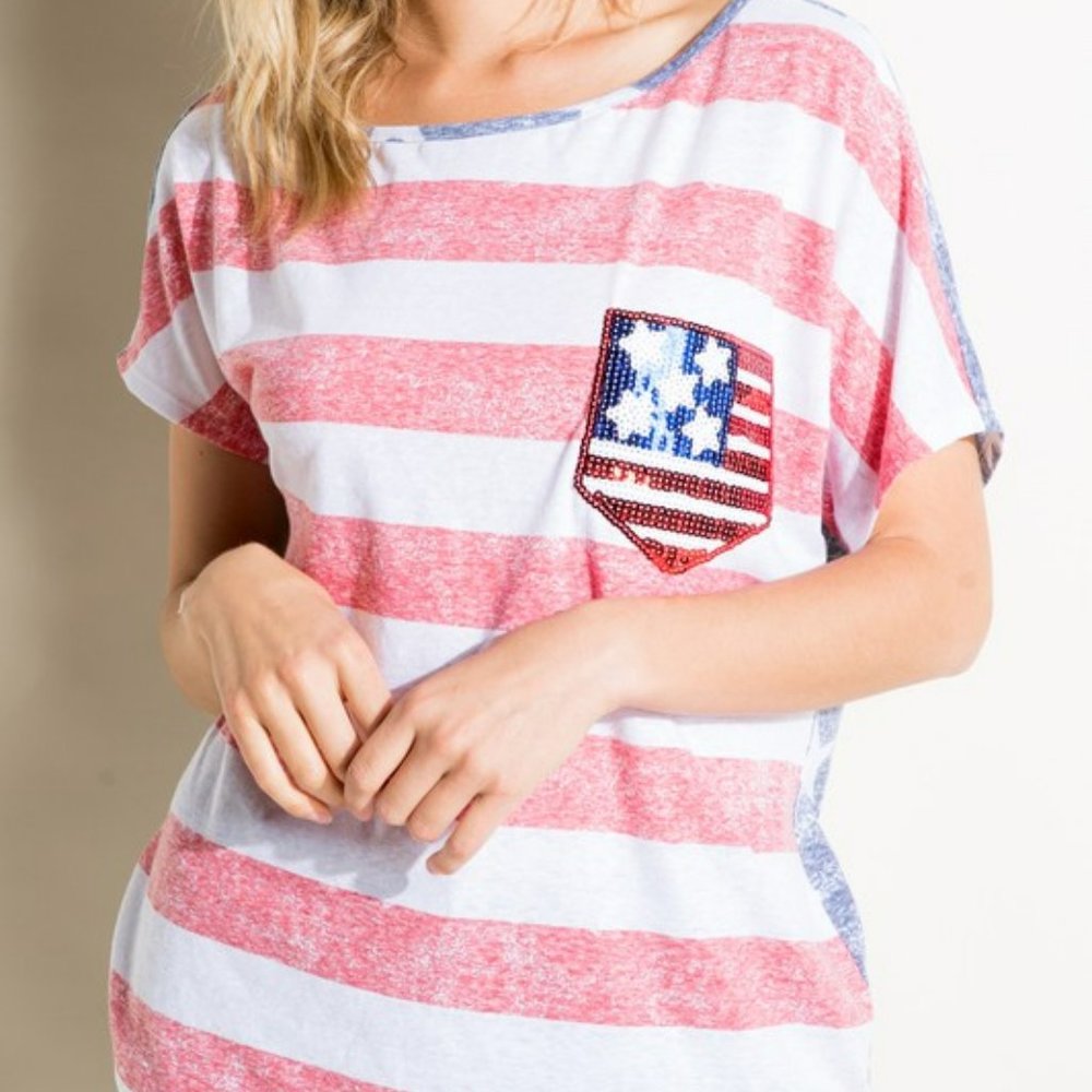 NWT E Luna American Flag Plus Tee With Sequin Pocket Plus